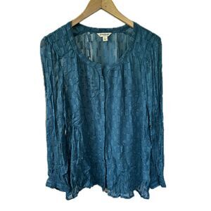 Lucky Brand Sheer Geometric Metallic Detail Button Down Long Sleeve Blouse L